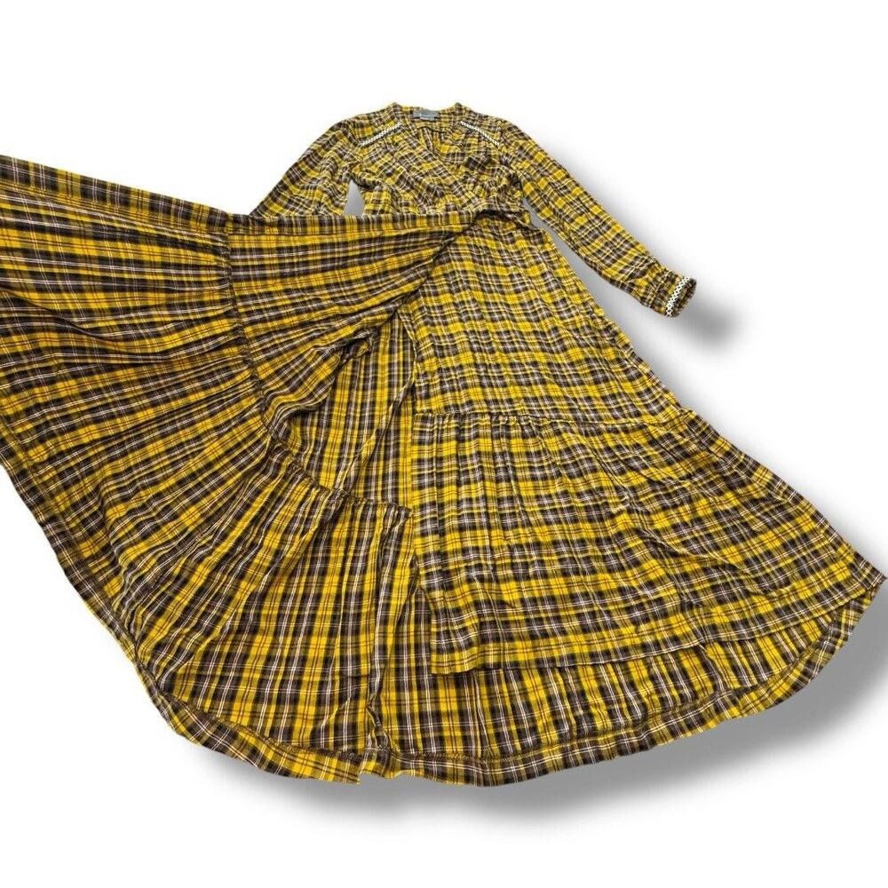 Anthropologie Dalton Wrap Dress Mustard Yellow Midi Tiered Plaid Women’s Size S - Picture 10 of 14